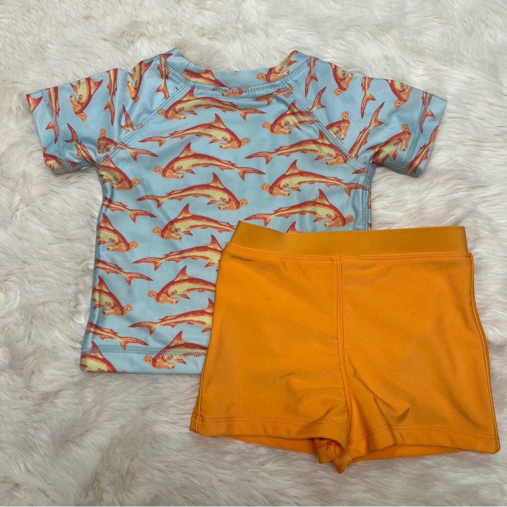 Kate Quinn Shark Print Rash guard Swim Set Orange 12-18